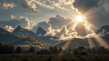 Serene Mountain Landscape with Dramatic Clouds and Sun Rays photo