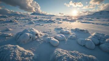 Serene Snowy Landscape with Sunlight and Clouds at Dusk photo