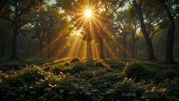 Sunlight Radiating Through Trees in a Serene Forest Landscape photo