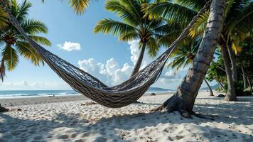Relaxing Hammock Between Palm Trees on a Sunny Beach Paradise photo