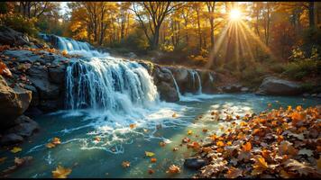 Serene Autumn Waterfall Scene with Golden Sunlight and Falling Leaves photo