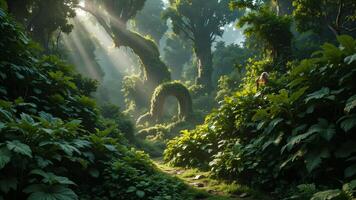 Lush Green Forest with Sunlight Streaming Through photo