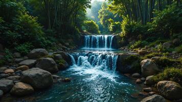 Tranquil Waterfall Surrounded by Lush Greenery in Nature Scene photo