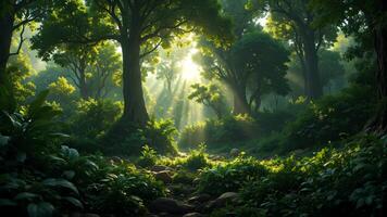 Serene Forest with Sunlight Filtering Through Lush Green Trees photo