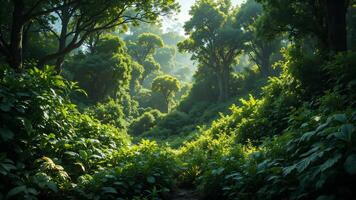 Lush Green Forest Landscape Surrounded by Dense Foliage and Trees photo
