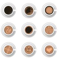 A new Coffee cup set top view. Americano, latte, espresso, cappuccino, macchiato, mocha assortment isolated on white background. Illustration for web design or brochure printing vector