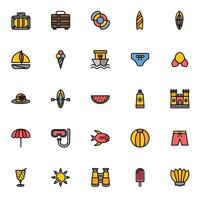 the This is a large set of colorful summer and travel icons representing summer activities and beach vacation vector