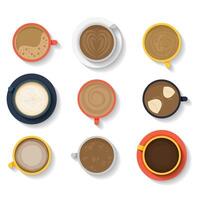 A Coffee cup set top view. Americano, latte, espresso, cappuccino, macchiato, mocha assortment isolated on white background. Illustration for web design or brochure printing vector