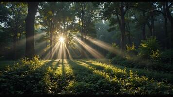 Beautiful Sun Rays Through Trees in Lush Green Forest Scene photo