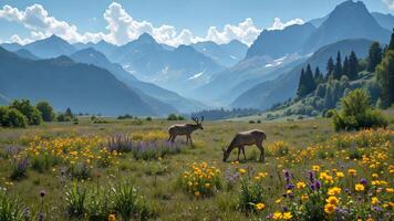 Majestic Deer Grazing in Vibrant Meadow with Mountain Backdrop photo