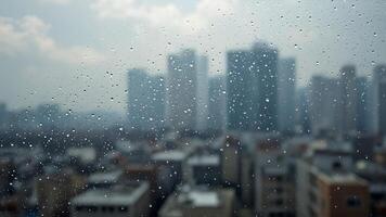 Raindrops on Window With Blurred Cityscape in Background photo