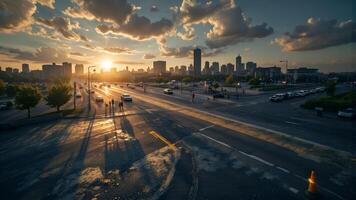 Sunset Over City Skyline with Beautiful Cloudy Sky and Shadows photo