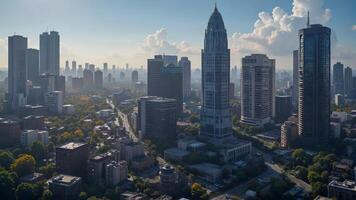 Aerial View of Urban Cityscape with Modern Skyscrapers and Clouds photo