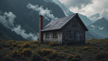 Rustic Mountain Cabin Surrounded by Lush Greenery and Clouds photo