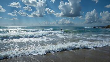 Serene Beach Scene with Gentle Waves and Dramatic Cloudy Sky photo