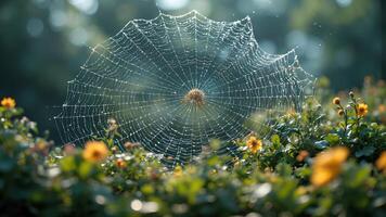 Captivating Spider Web Glimmering with Dew in Sunlit Garden Setting photo