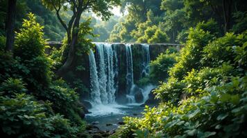 Serene Waterfall Cascading through Lush Green Forest in Nature photo