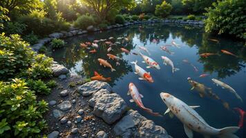 Peaceful Pond Scene with Colorful Koi Fish Swimming in Nature photo