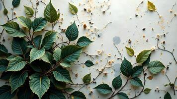 Lush Green Leaves and Natural Elements on a Textured Background photo