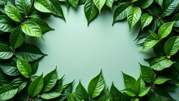 Green Leaves Frame on Soft Green Background for Natural Display photo