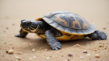 Close-Up of a Colorful Turtle Crawling on Sandy Beach Surface photo