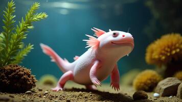 Cute Axolotl Swimming in Aquatic Environment with Plants and Rocks photo