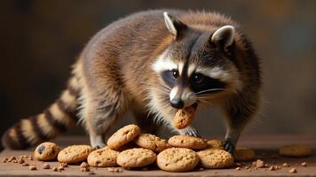 Adorable raccoon enjoying cookies in a cozy indoor setting photo