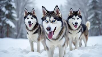 Three Playful Siberian Huskies in a Snowy Winter Landscape photo