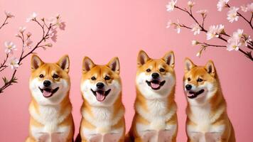 Four Shiba Inu Dogs Posing Against a Pink Floral Background photo
