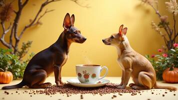 Dogs Enjoying Coffee Moment with Autumn Decorations and Pumpkin photo