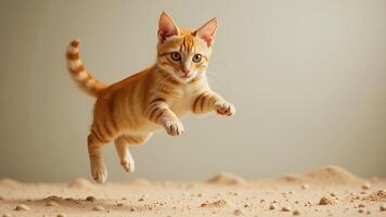 Playful Ginger Cat in Mid-Air Jump Over Soft Sand Background photo