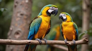Vibrant Macaws Resting on Branch in Tropical Forest Setting photo