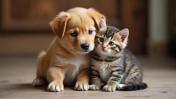Adorable Puppy and Kitten Cuddling Together in a Cozy Setting photo