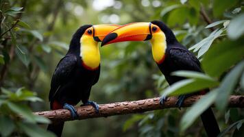 Colorful Toucans Displaying Affection on a Branch in Nature photo