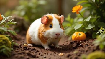 Adorable guinea pig in a vibrant garden setting with autumn elements photo