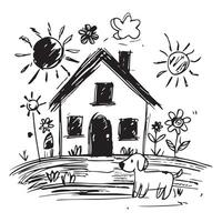 Child's hand-drawn sketch in crayon style, black crayon on white paper, simple and playful lines, imaginative doodles like a house, sun, stick figures, flowers, and a dog, rough and uneven strokes vector
