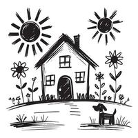 Child's hand-drawn sketch in crayon style, black crayon on white paper, simple and playful lines, imaginative doodles like a house, sun, stick figures, flowers, and a dog, rough and uneven strokes. vector