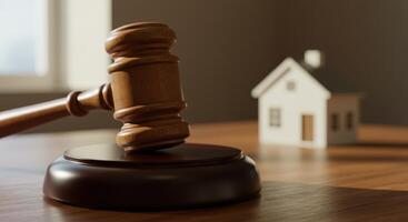 Gavel rests on a block of wood with a house in the background. photo