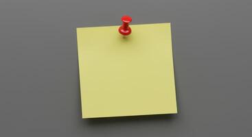 Blank yellow paper note pinned to gray wall, suitable for advertisements, announcements, reminders, or as a background for quotes or text overlays. photo