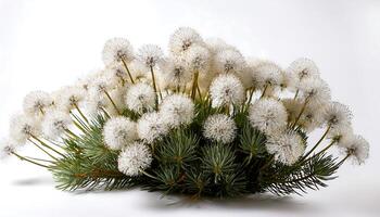 Beautiful White Dandelion Flowers on Green Pine Branches Against a Soft White Background photo