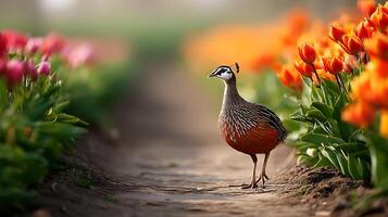 Bird Standing on Pathway Surrounded by Colorful Tulips in Bloom with Soft Natural Light photo