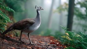 Majestic Bird in a Misty Forest Path Surrounded by Vibrant Green Foliage and Soft Natural Light photo