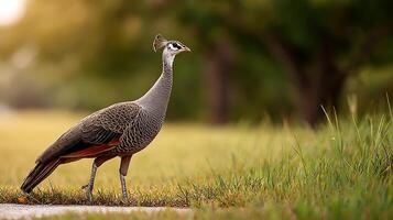 Elegant bird walking on grass with blurred background in a natural setting during golden hour lighting photo