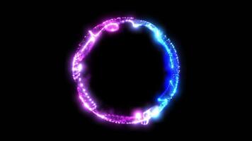 Abstract round sphere of shiny pink and blue magic glow particles on dark background, energy ball of bright dots, molecule or atom movement. Seamless looping video