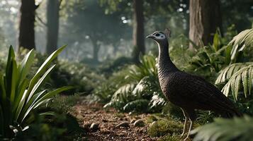 Majestic Bird in Lush Green Forest Setting with Sunlight Streaming Through the Trees and Vegetation photo