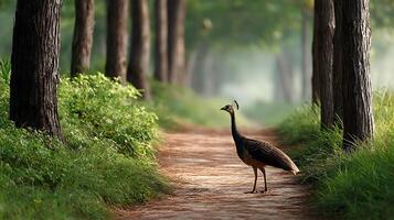 Majestic bird walking along a serene forest path surrounded by tall trees and lush green foliage photo