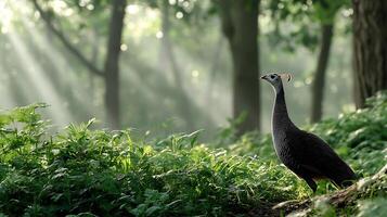 Graceful Bird Standing in Lush Green Forest with Soft Sunlight Beaming Through Trees and Foggy Atmosphere photo