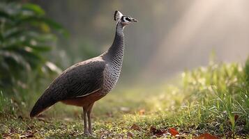 Elegant Bird Standing on Pathway Surrounded by Lush Greenery in Soft Morning Light photo