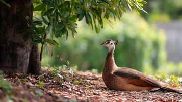 Elegant bird resting under a tree with lush green foliage in a vibrant natural setting photo