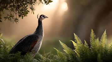 Majestic bird observing tranquil forest setting in golden light with ferns and gentle ambiance surrounding photo